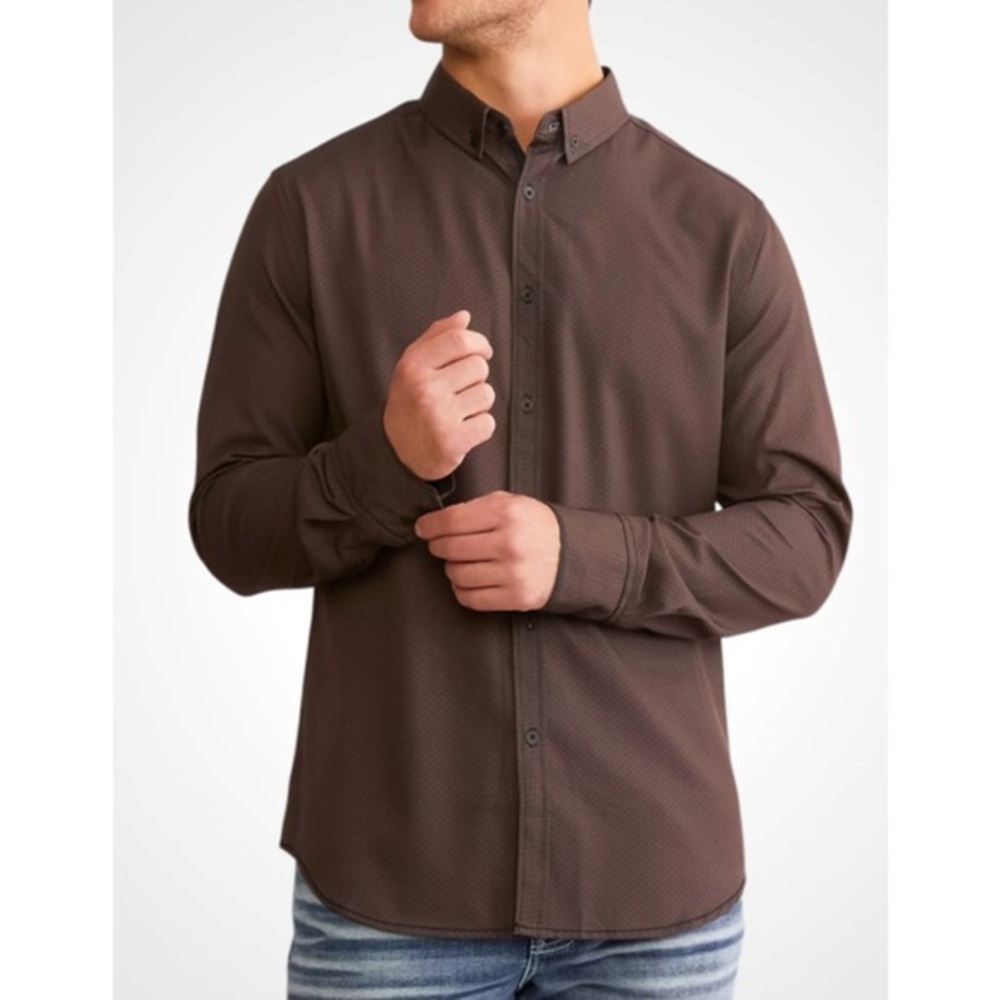 Buckle JB Holt Brown Print Button Down Standard Performance Stretch Shirt Medium
